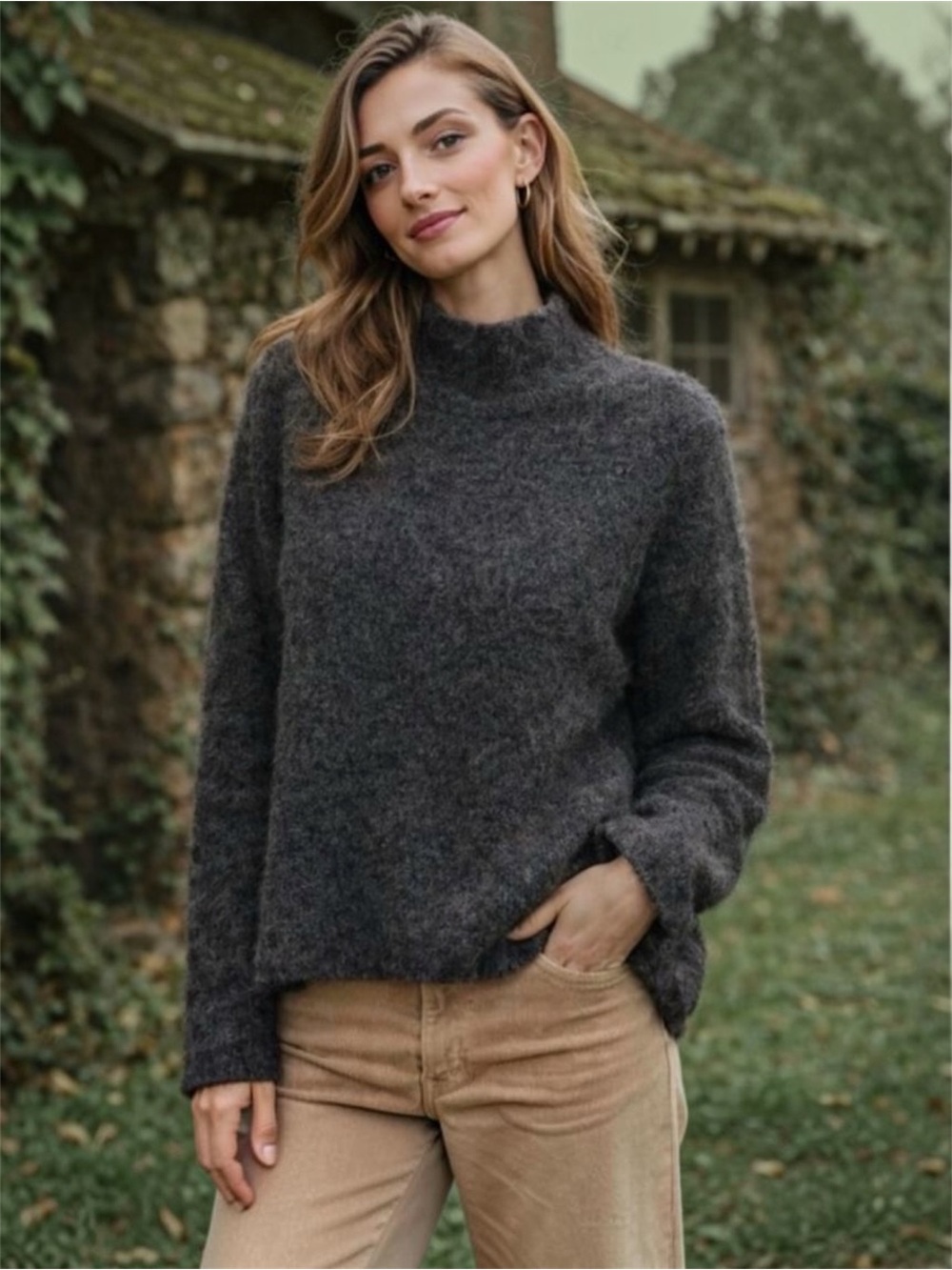 Cynthia Rowley Wool Blend Tweed Mock Neck Button Back Sweater Sage/Grey XS